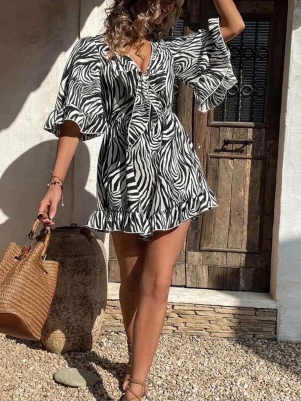 Zebra Print V-Neck Ruffle Mini Dress - Black & White
